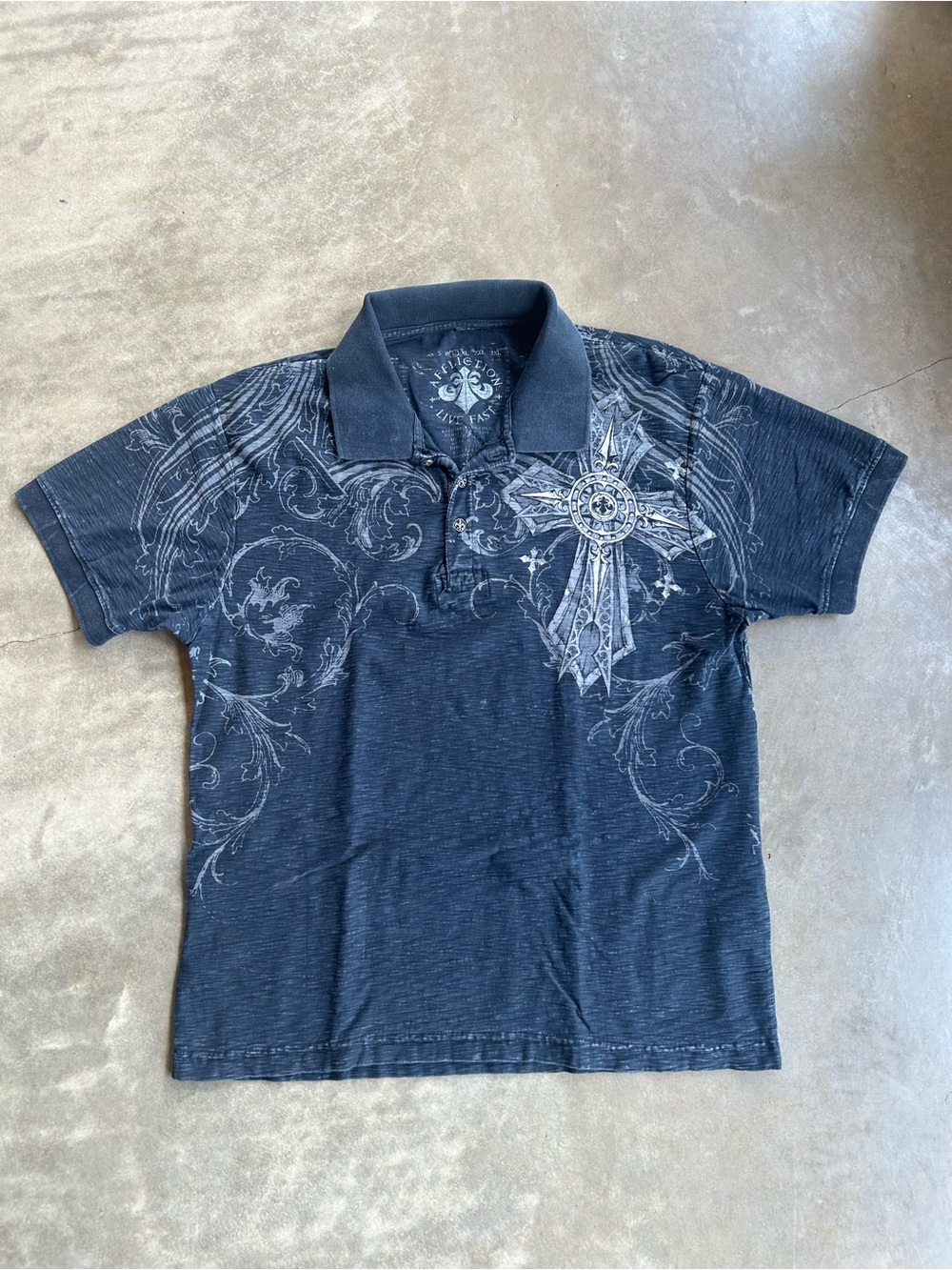 Affliction Black Polo with Silver Gray Cross & Scroll Graphic